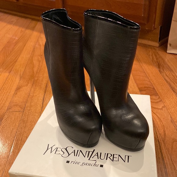 YSL Saint Laurent Calfskin Lizard Embossed Tribtoo 105 Platform Booties 37.5 - Picture 1 of 10